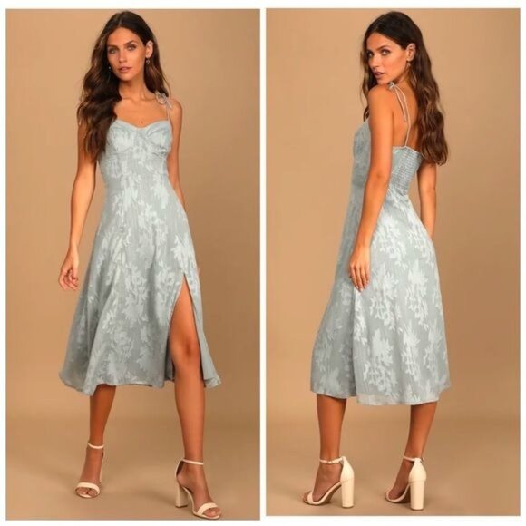 Lulus Loveliest Looks Dusty Blue Floral Jacquard Tie-Strap Midi Dress Size Large - Picture 10 of 10